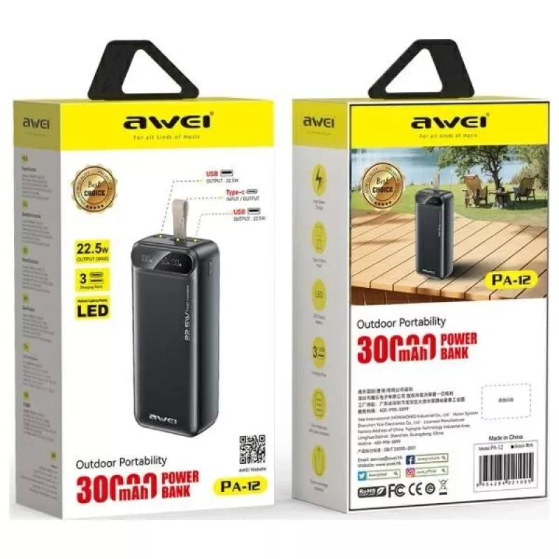 Portable Power Bank AWEI PA-12 30000mAh 22.5W black