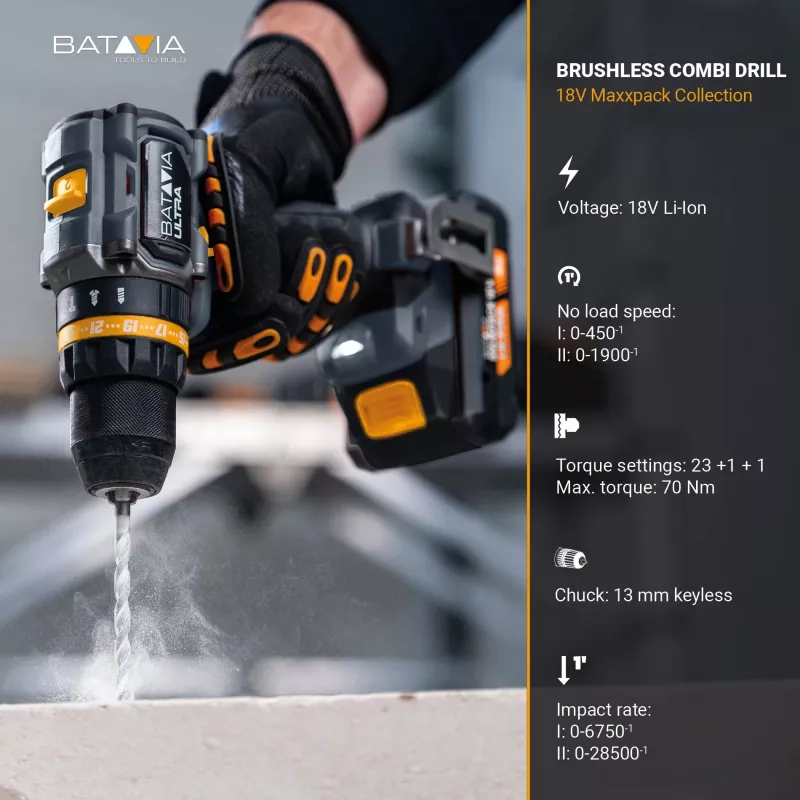 Batavia B.V. 18V Cordless Brushless Combi Drill 70 Nm, Without Battery and Charger