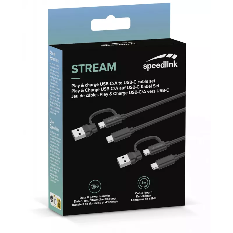 USB 3.2 Gen 1 (3.1 Gen 1) cable Speedlink SL-460101-BK, 3 m, USB A/USB C to USB C, black