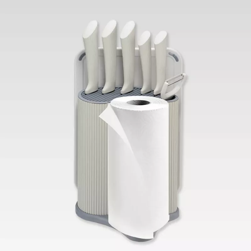 Knife/cutlery block set Maestro MR-1413-GREY — 8-piece stainless steel blades, grey handles, includes chef, bread, slicing, paring, universal knives, peeler, cutting board, paper towel holder