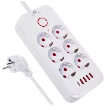 Power strip MACLEAN MCE391 W — 6 sockets, 4×USB-A + 1×USB-C, 3 m cable, 110–240V, 2500W, white