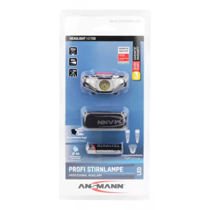 Ansmann HD70B - Headband Flashlight - Black - acrylonitrile butadiene styrene (ABS) - Plastic - IP44 - LED - 1 lamps