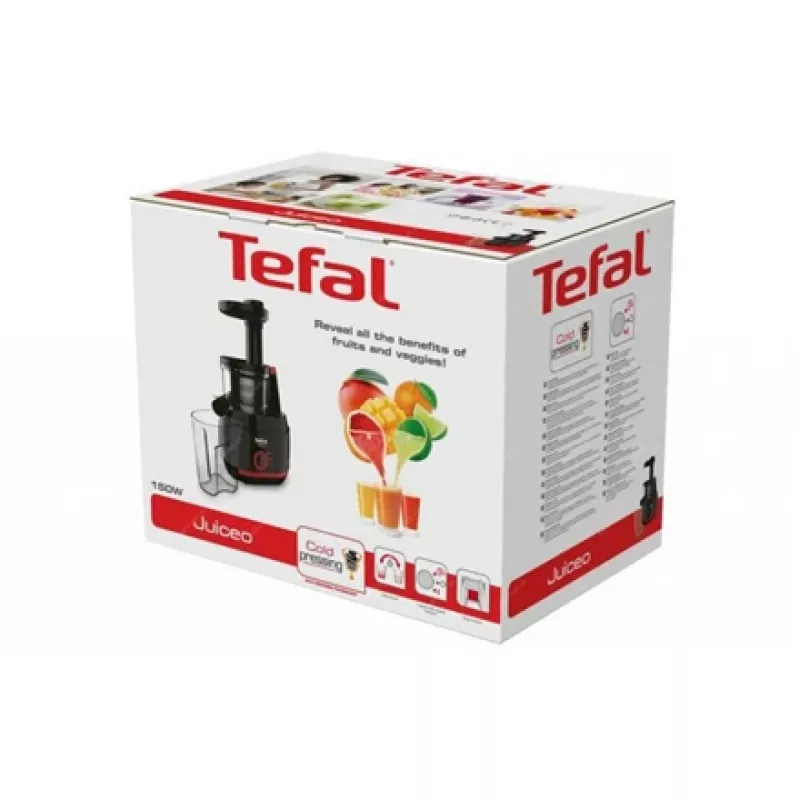 Slow juicer Tefal Juiceo ZC150 — 150 W, 4.5 cm feeding tube, 0.8 L juice & pulp containers, 80 RPM, Black/Red