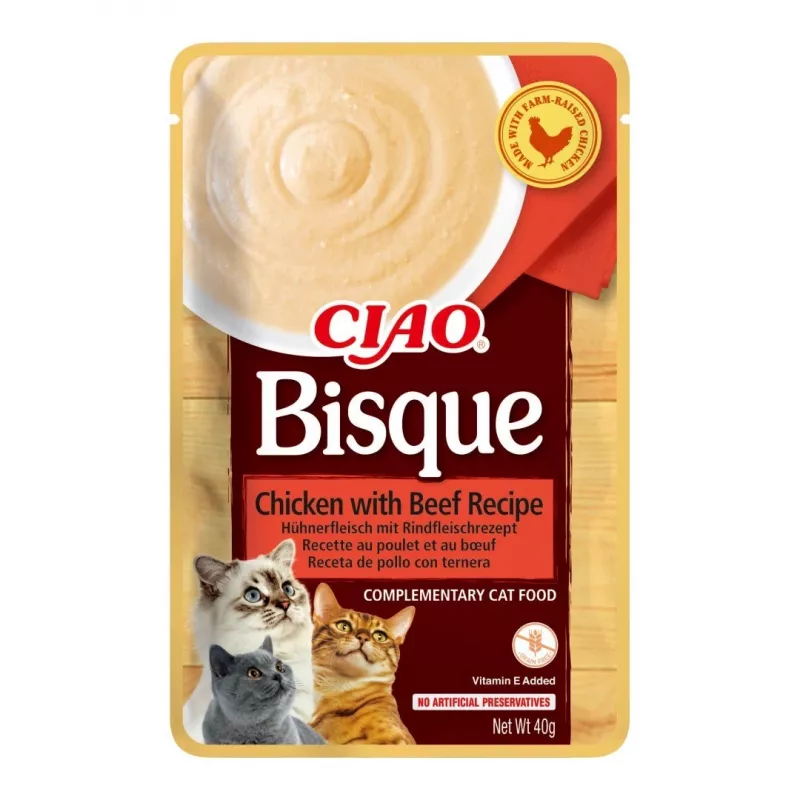 Wet cat treat INABA CIAO Bisque — Tuna, Beef, Chicken in 40 g pouches, pack of 24