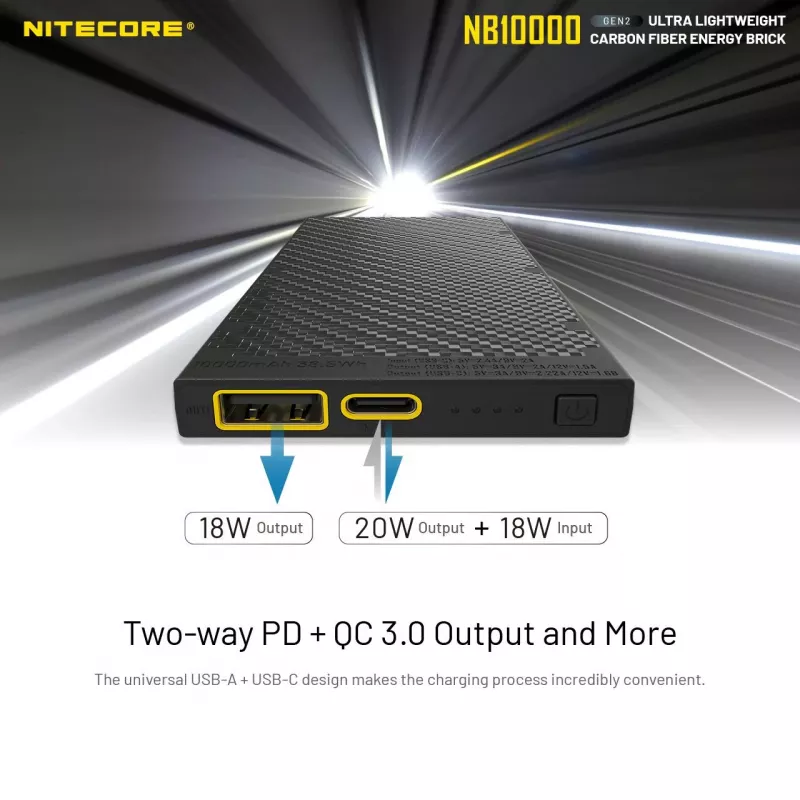 Portable Power Bank Nitecore NB10000 — 10000 mAh, USB‑A + USB‑C, 38W total output, grey