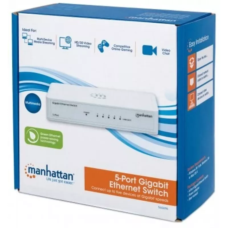 Manhattan 5-Port Gigabit Ethernet Switch, Desktop Size, Plastic, IEEE 802.3az (Energy Efficient Ethernet), Three Year Warranty, Box