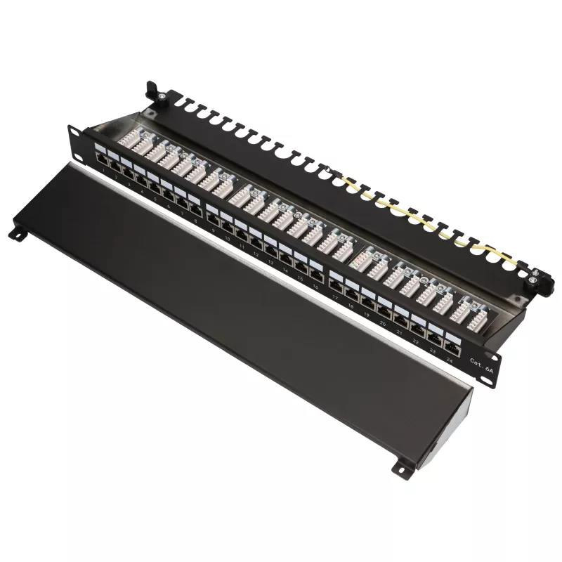 Extralink CAT6A STP 24-Port Shielded Patch Panel, 1U 19-Inch Rackmount, 10G Ready, Black