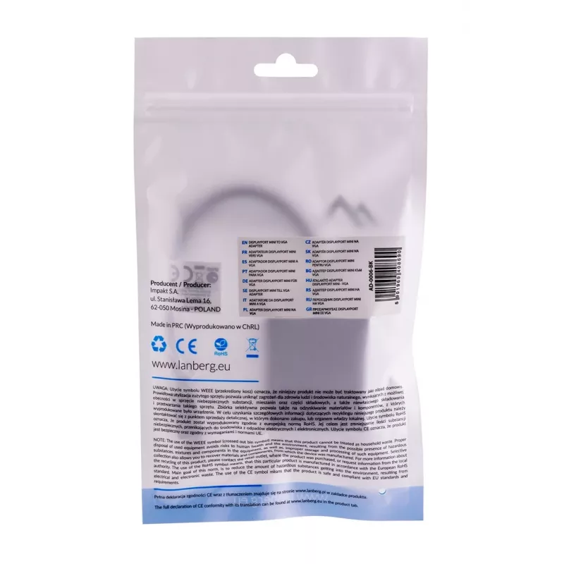 VGA (D-Sub) to Mini DisplayPort adapter cable LANBERG AD-0006-BK, 0.2 m, DisplayPort 1.2, 1920×1200@60Hz, female MiniDP, black