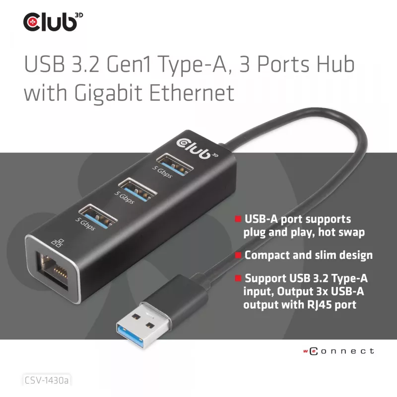 USB Hub CLUB3D USB 3.2 Gen1 Type-A 3 Ports with Gigabit Ethernet