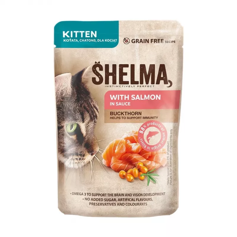 Wet cat food SHELMA Kitten Salmon & Turkey in Sauce 4×85 g pouch, grain-free, complete feed