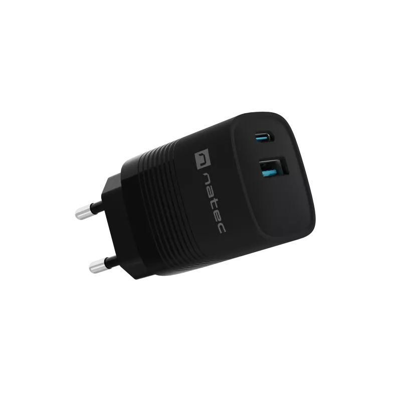 NATEC wired mobile device charger NUC-2141, 30W, USB-C PD 3.0 + USB-A QC 3.0, 110–240V, black