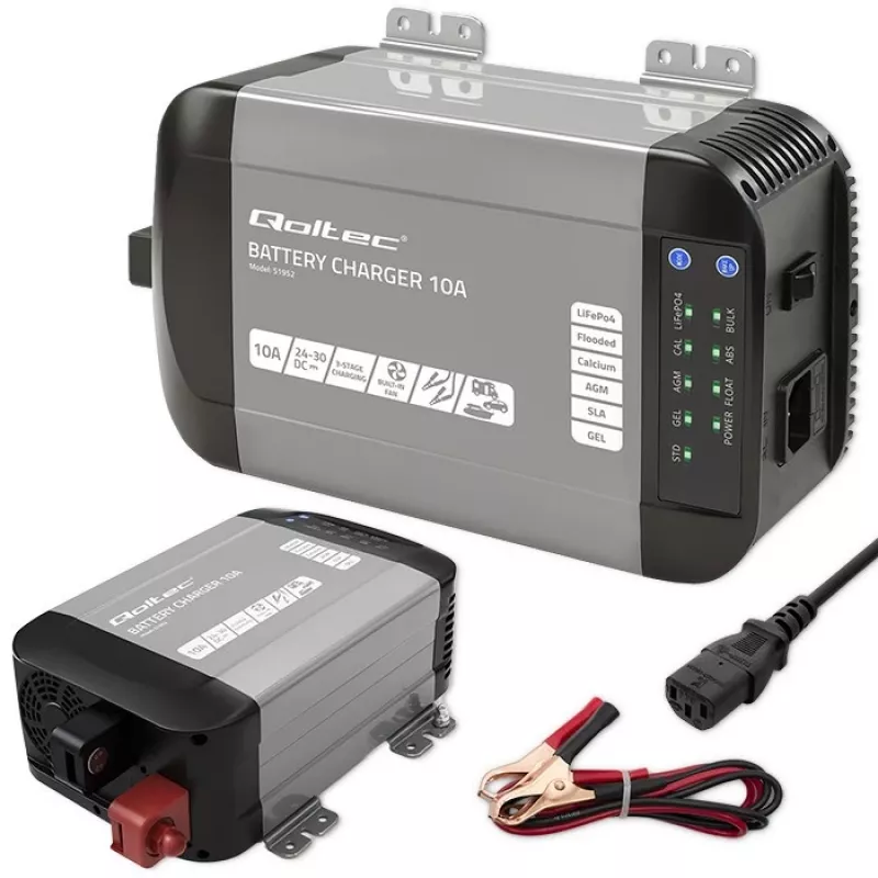 Qoltec 51952 Smart Monolith Battery Charger for LiFePO4/AGM/GEL/SLA, 10A, 24V