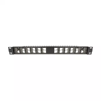 DELOCK 19 inch Keystone Patch Panel 24-port angled with strain relief, 1U, black, 482.6×125.5×44.2 mm