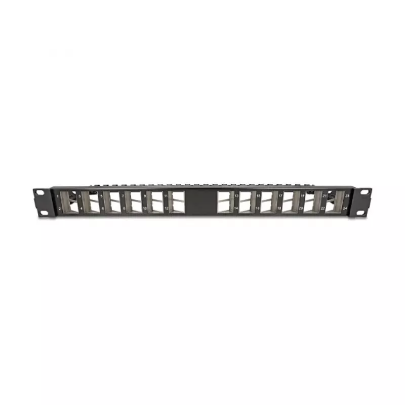 DELOCK 19 inch Keystone Patch Panel 24-port angled with strain relief, 1U, black, 482.6×125.5×44.2 mm
