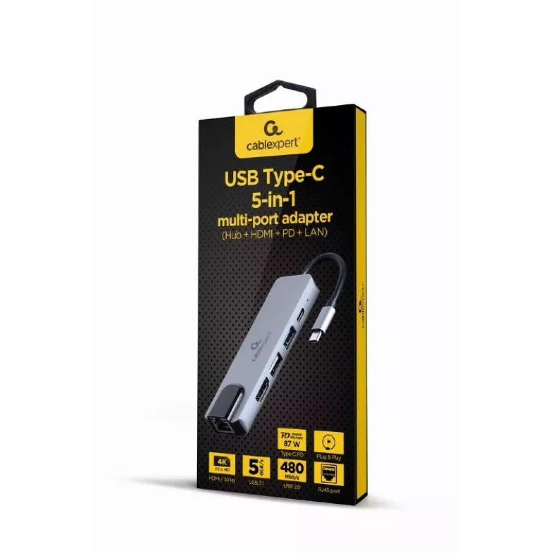 Laptop dock Gembird A-CM-COMBO5-04 — USB 3.2 Gen 1 Type-C, 5 Gbit/s, PD 87 W, HDMI, Ethernet, USB-A