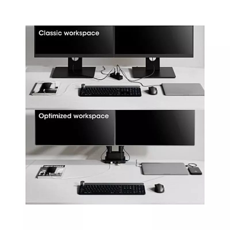 Manhattan Dual Desk Mount for TV & Monitors (Full Motion Gas Spring) with built-in Dock, For screens to 27 inch, Ports (x7): Ethernet,HDMI (x2),USB-A (x3) and USB-C,Power Delivery (100W) to USB-C Port (Separate USB-C wall charger/cable needed),VESA: 75x75 and 100x100mm