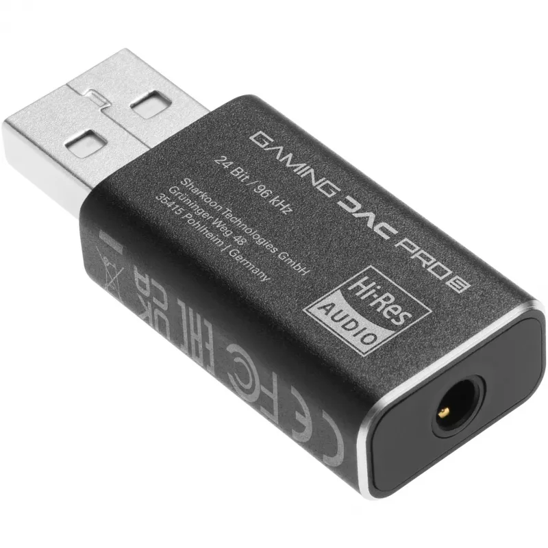 Internal USB Type-A to 3.5 mm DAC adapter Sharkoon DAC Pro S — 2 V output, black, compact (42×17.3×9.7 mm)