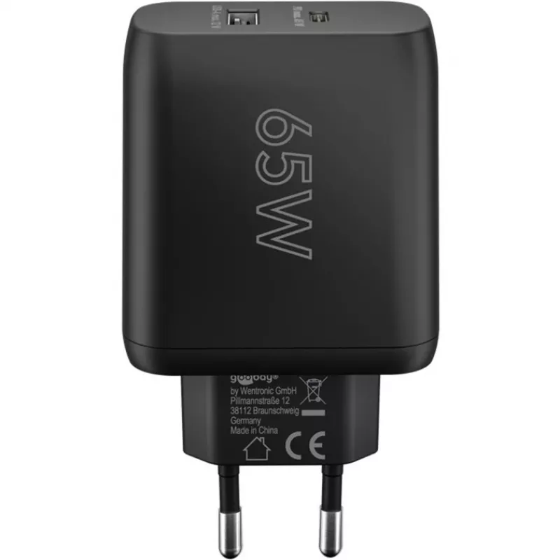 USB-C Dual-Fast Charger, PD, GaN, 65 Watt (black, 1x USB-C, 1x USB-A, Power Delivery)