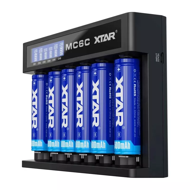 Battery charger XTAR MC6C multi-slot smart charger for cylindrical Li‑ion cells, 6‑bay, supports 18650/21700/AA, 5V input, black