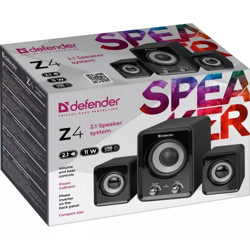 DEFENDER Z4 wired 2.1 speakers, 11 W RMS, black, USB 5V power, 3.5 mm headphone out