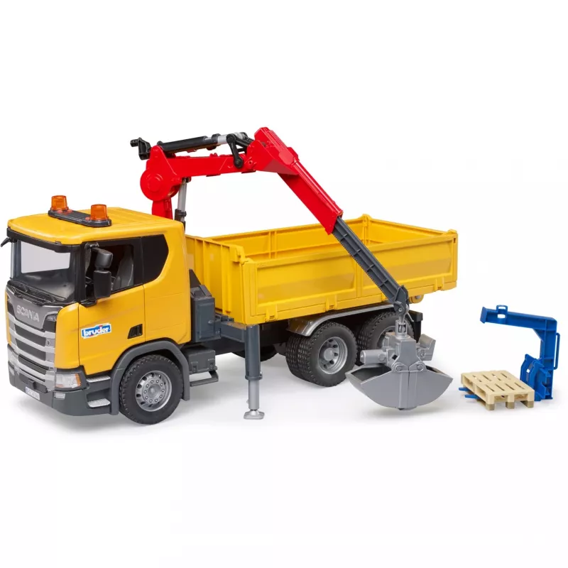 Toy construction truck BRUDER Scania Super 560R with crane and 2 pallets