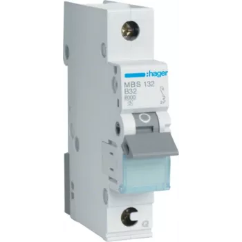 Hager MBS132. Rated Current: 32 A, AC Input Frequency: 50/60. Type: B-type, Module Quantity (max): 1 Module(e). Width: 17,5 mm, Depth: 70 mm, Height: 83,4 mm (MBS132)