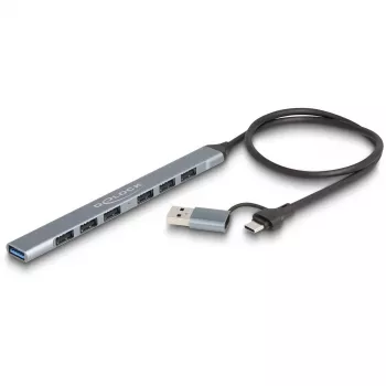 DELOCK 4 Port Slim USB Hub — USB 3.2 Gen 1 Host Type-C, 3× USB 5 Gbps Type-C + 1× USB 5 Gbps Type-A, Grey, Metal