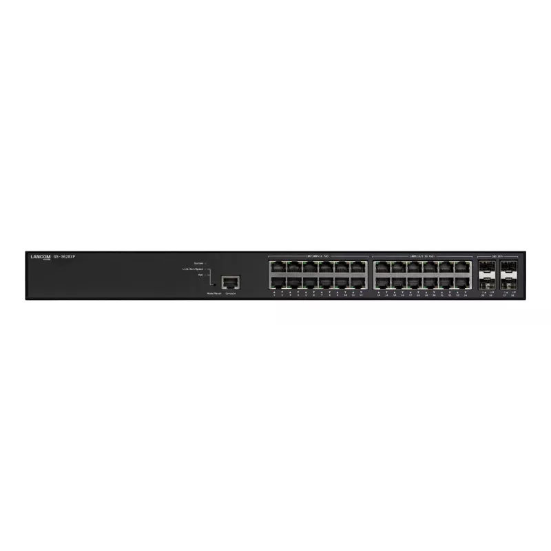 Managed LANCOM GS-3628XP switch, 24× 2.5G RJ-45 ports, PoE, L2/L3, 1U rackmount