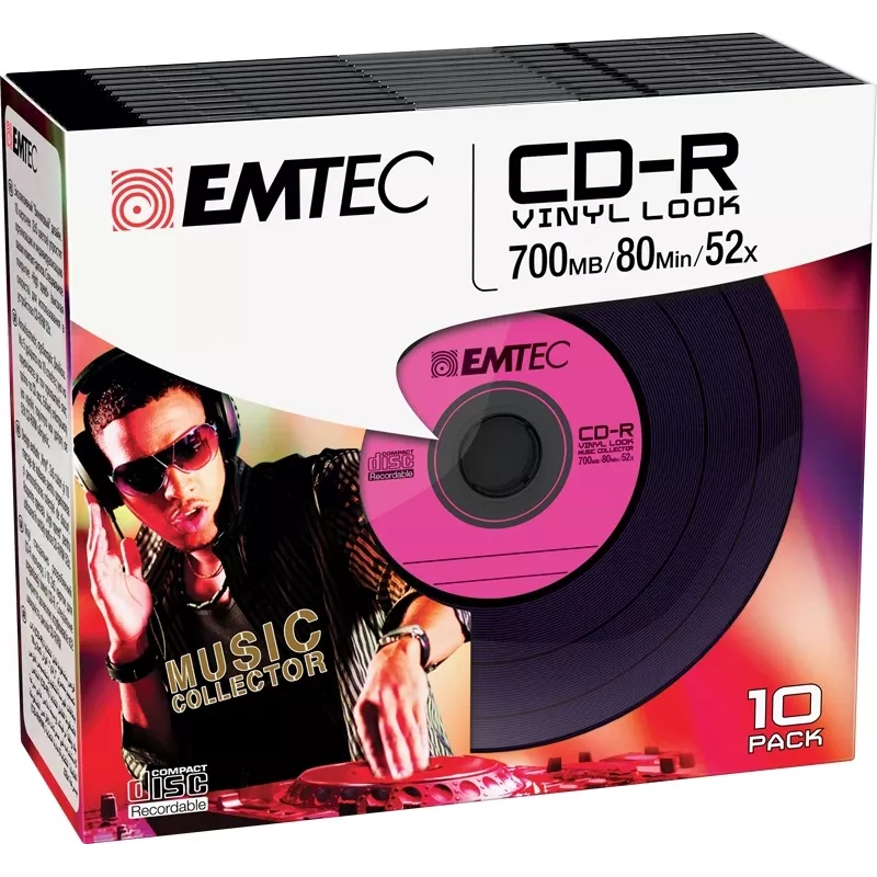 EMTEC Vinyl Look - 10 x CD-R - 700 MB (80 Min) 52x - Blue, Yellow, lilac, Green, pink - Slim Jewel Case