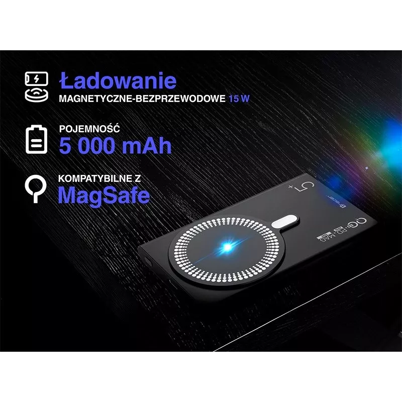 Tracer AirMag2 TRABAT47645 power bank, 5000mAh, PD 20W, 15W magnetic wireless charging, MagSafe compatible, black