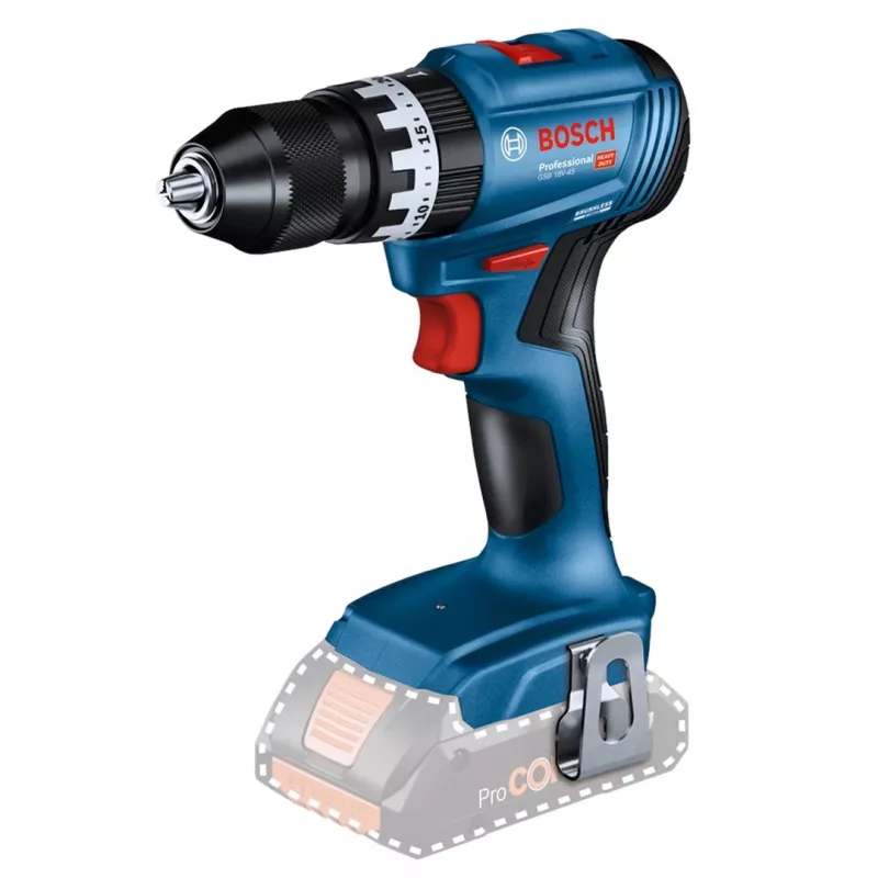 Cordless drill driver Bosch GSB 18 V — 18 V, 4 Ah Li‑Ion, 45 N·m, 500/1900 RPM, 35 mm wood, 10 mm steel, 2 batteries, charger, case