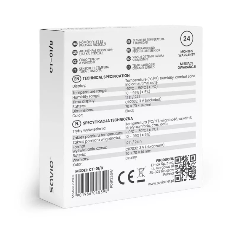 Indoor temperature and humidity sensor SAVIO CT-01/B freestanding, LCD, -10–55°C, 10–99% RH, CR2032