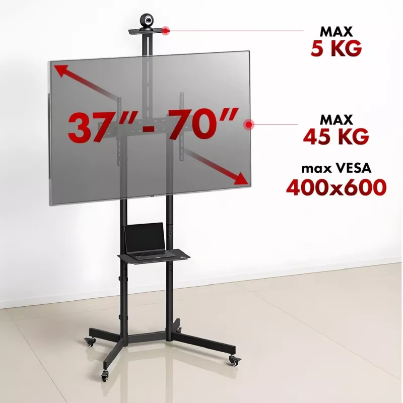 Maclean TV stand / cart, camera shelf, on wheels, 37-70, max load 45kg/5kg shelf, max. VESA 600x400, MC-113 B