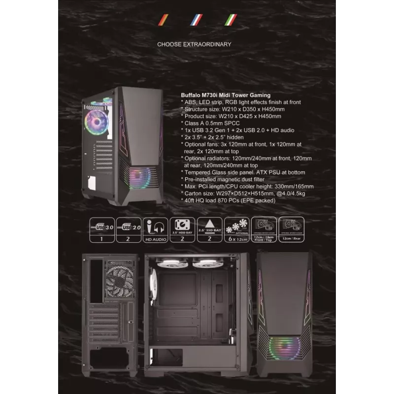 Case | GOLDEN TIGER | Supported motherboard form factors ATX/micro ATX | Black | Midi Tower | Buffalo M730i | BUFFALOM730I