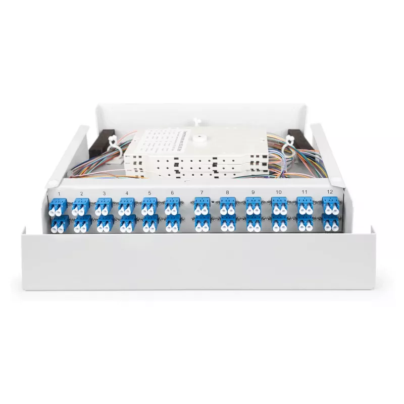 Fiber optic wall-mounted housing DIGITUS DN-96843M-OS2, singlemode, assembled, 24×LC DX adapters with pigtails, steel, grey, 320×54×280 mm