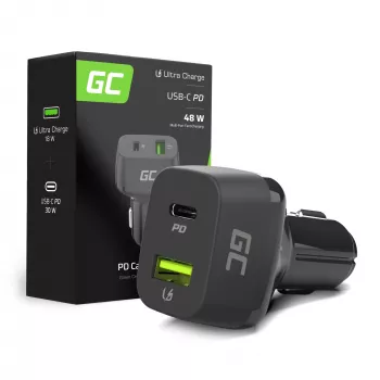 Car mobile device charger Green Cell CAD33, 42W, USB-C PD + USB-A QC3.0, 12/24V input, 5–12V output