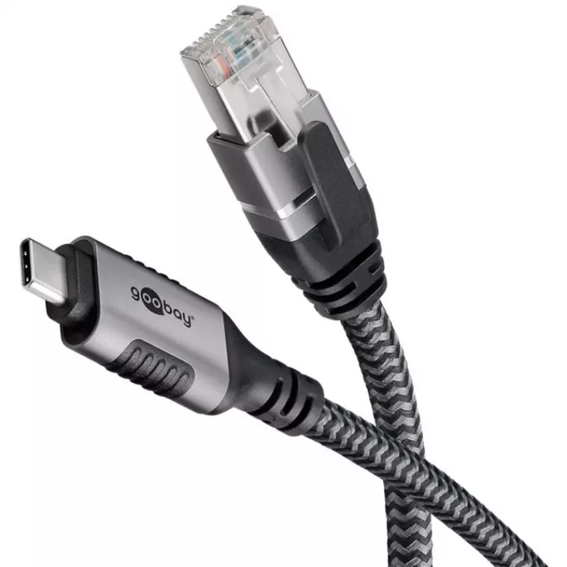 Ethernet-Cable USB-C 3.2 Gen2 Plug > RJ-45 Plug (black/Silver, 5 Meter, braided textile jacket)