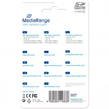 Memory Card MediaRange 16GB SDHC Class 10 MR963