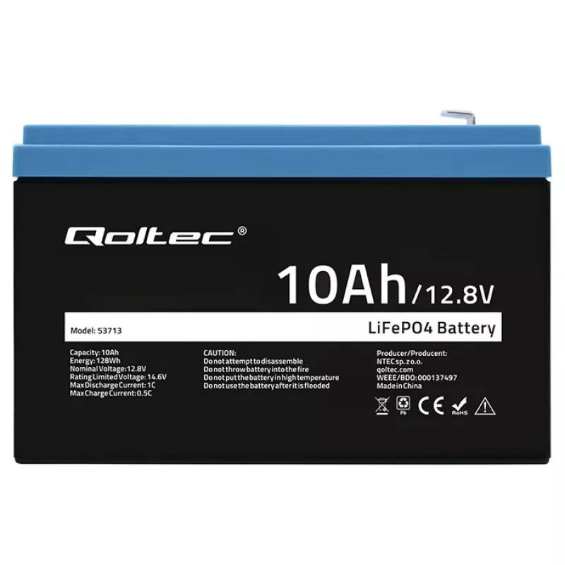 Rechargeable LiFePO4 battery QOLTEC 10Ah 12.8V 128Wh with integrated BMS