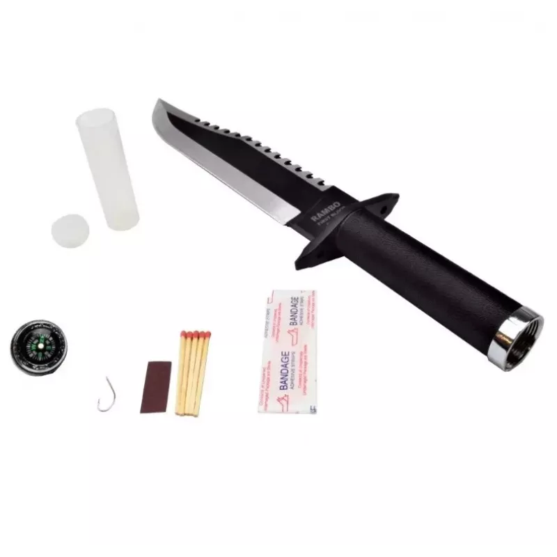 Fixed survival knife cinema classic CC-H2 — 400 mm overall, 250 mm steel blade, smooth and serrated, black handle, includes leather scabbard