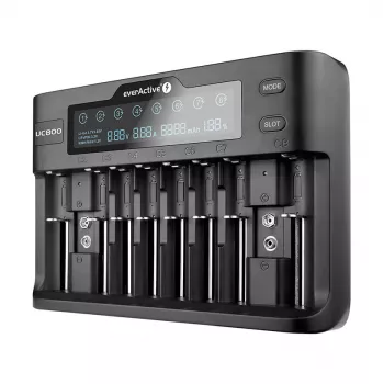 Battery charger everActive UC-800 AC 12V 3A — for LiFePO4/LiPo/NiMH, supports AA/AAA/9V, up to 10 batteries, 12 V input, built-in display, black