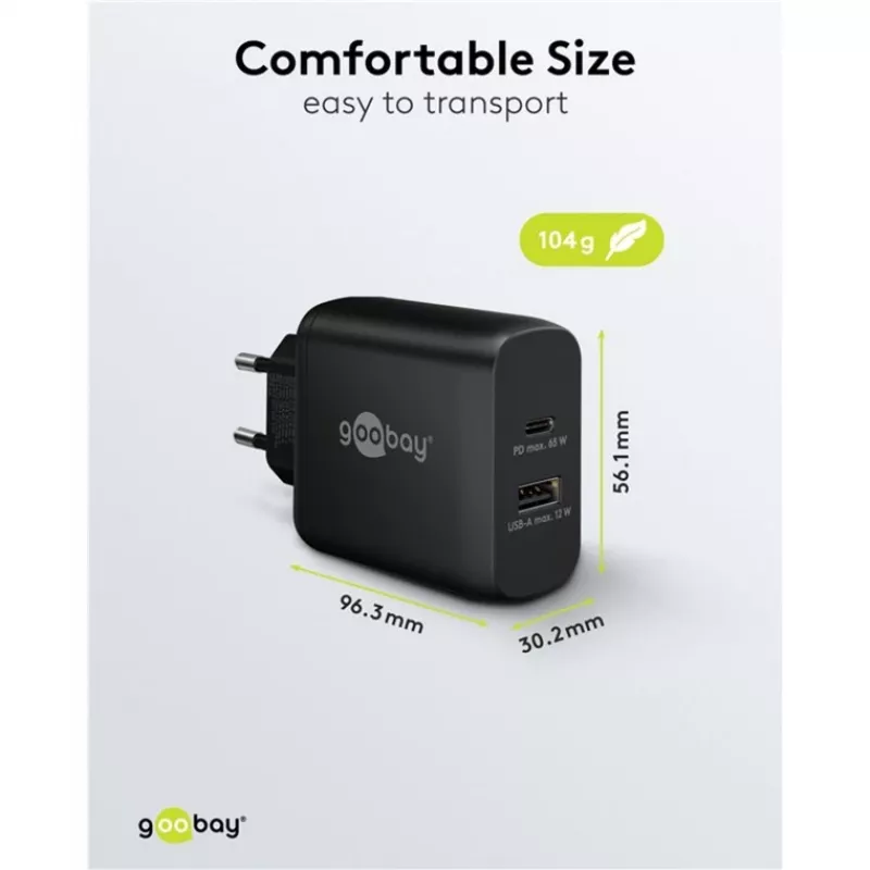USB-C Dual-Fast Charger, PD, GaN, 65 Watt (black, 1x USB-C, 1x USB-A, Power Delivery)
