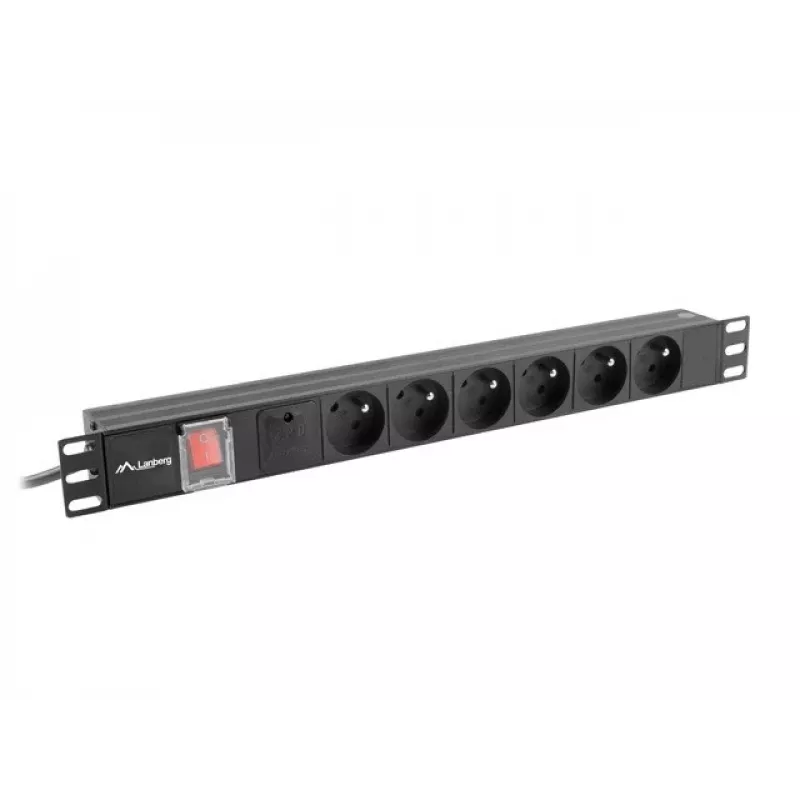 Power distribution unit LANBERG PDU-06E-0200-BK — 6x Type E outlets, 16 A, 2 m cable, 1U rack, 220–250 V