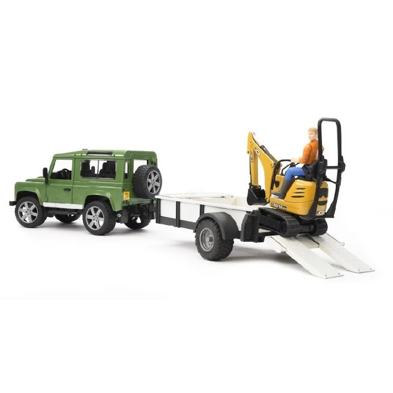 Toy Vehicle BRUDER Land Rover Defender with trailer CAT and man