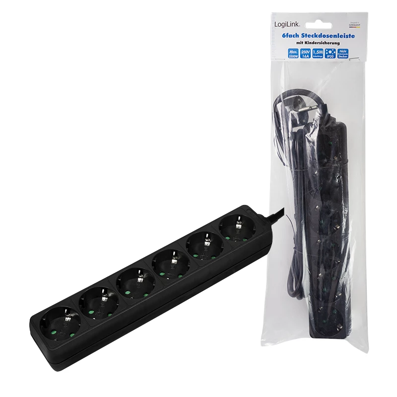 Power Extension LogiLink LPS238B 1.5m 6 AC Outlets Indoor Black