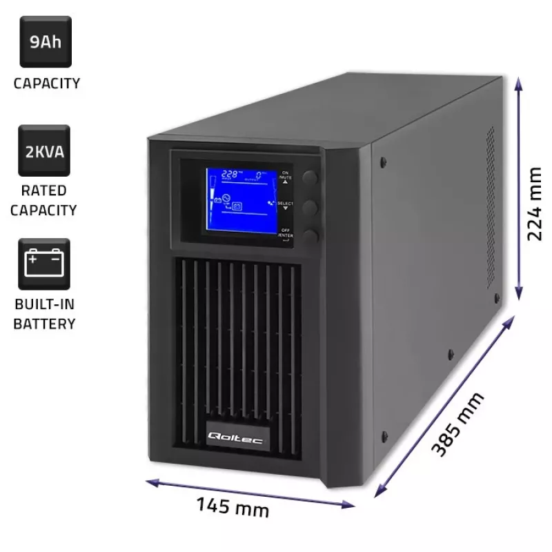 Uninterruptible Power Supply QOLTEC 53981 On line 2kVA, 2000 VA capacity