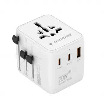 Travel power adapter GEMBIRD TPA-1A2C20-01-W — 20 W, USB-A (18 W) + 2× USB-C (20 W), Type E plug, white