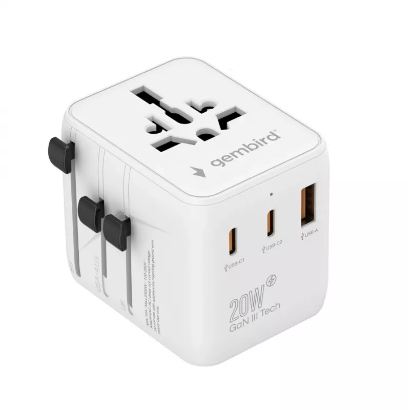 Travel power adapter GEMBIRD TPA-1A2C20-01-W — 20 W, USB-A (18 W) + 2× USB-C (20 W), Type E plug, white