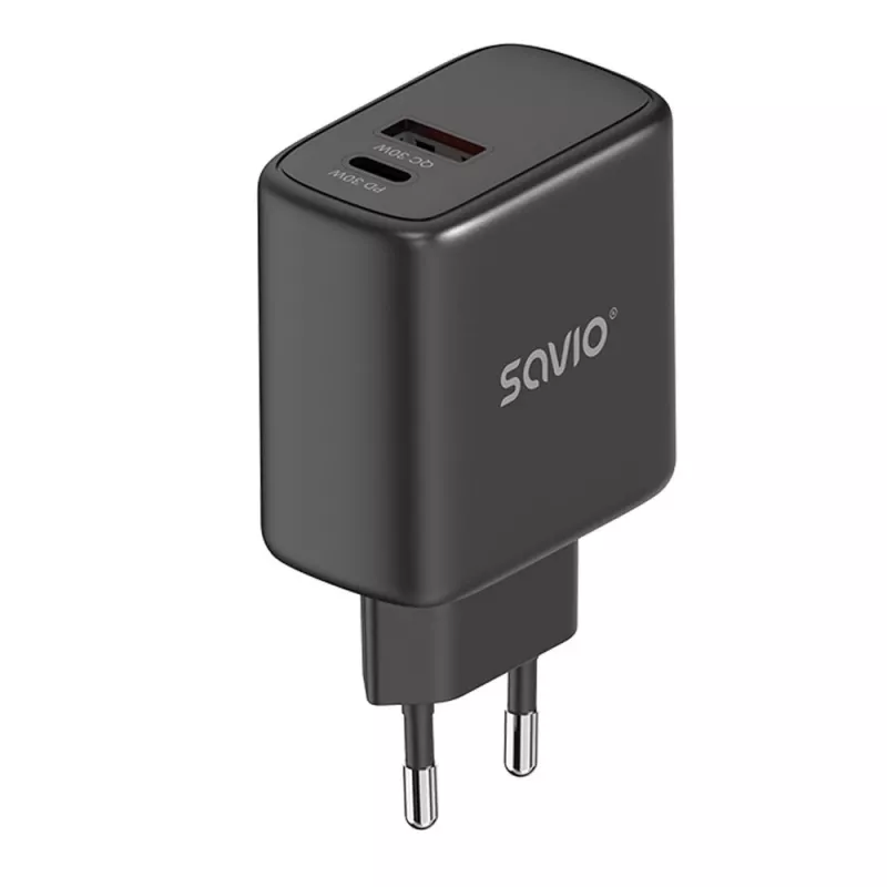 SAVIO LA-06/B 30W Wall Charger, USB-A + USB-C, Quick Charge, Power Delivery 3.0, Black