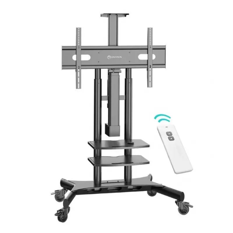 Motorized mobile TV stand ONKRON TS1881E-B for 50–86 inch TVs, black, electric lift, VESA mount